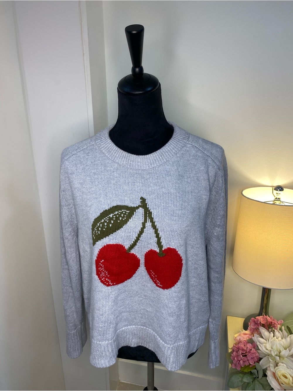 Abercrombie & Fitch Light Gray Crewneck Sweater with Red Cherry Graphic